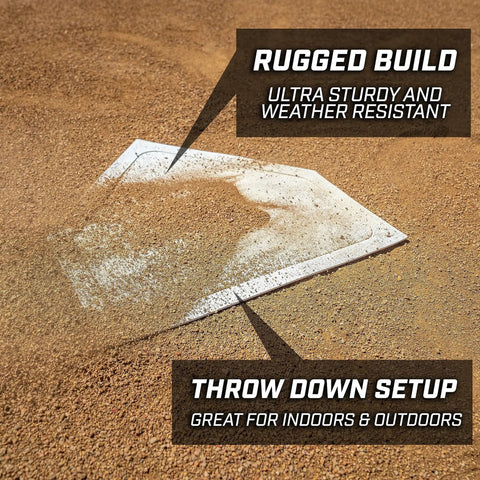 Baseball And Softball 5 Piece Base Set With Home Plate, Three Bases, And Pitching Rubber, Lightweight Foldable Rubber Bases For Kids And Adults, Easy Roll Up To Transport, Quick Field Setup For Practice And Games with rugged home plate on dirt field.