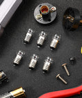 E10 Mini Bulbs With Socket Holder 1.5V 0.3A Warm White Lighting For DIY Projects, showing bulbs and holders on black surface