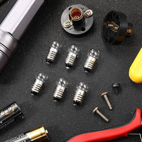 E10 Mini Bulbs With Socket Holder 1.5V 0.3A Warm White Lighting For DIY Projects, showing bulbs and holders on black surface