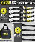 Retractable Ratchet Straps 4 Pack 2 Inch By 10 Foot Heavy Duty Tie Downs with storage bag and soft loops, 3300 lb break strength