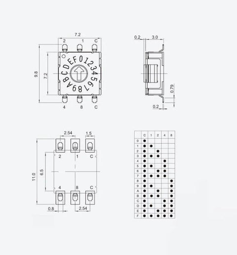 Technical diagram of 5Pcs Tiny Rotary Encoder Switch With BCD 8421 Coding 16 Position Digital DIP Multi Position Digital RST 16RM PT
