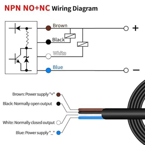NPN NO+NC wiring diagram for BG 1000N Photoelectric Sensor Switch With Background Suppression, showing cable connections and color coding.