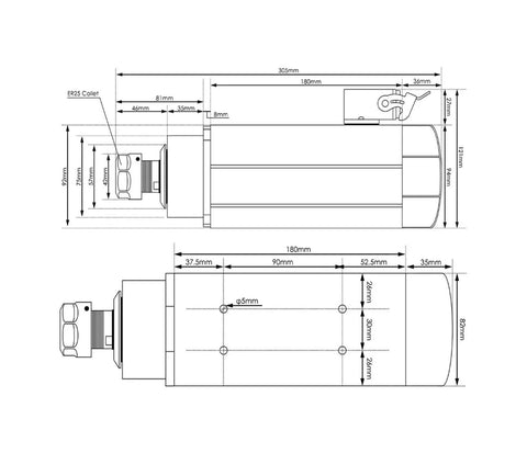 Technical diagram of Beefy Air Cooled CNC Spindle 2.2KW ER25 220V 380V High Speed Milling Spindle showing dimensions and specifications.