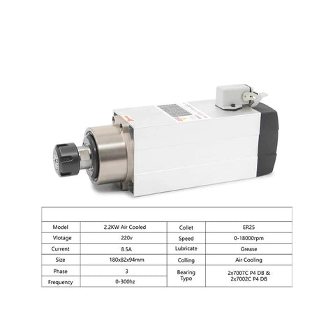 Beefy Air Cooled CNC Spindle 2.2KW ER25 220V high-speed milling spindle with ceramic ball bearings side view