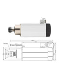 Side view and technical drawing of Beefy Air Cooled CNC Spindle 2.2KW ER25 220V 380V High Speed Milling Spindle With Ceramic Ball Bearings