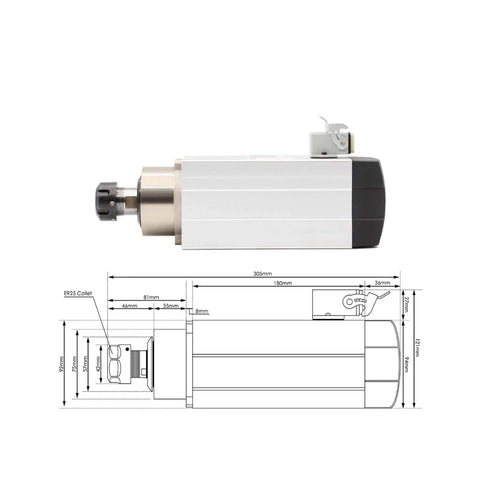 Side view and technical drawing of Beefy Air Cooled CNC Spindle 2.2KW ER25 220V 380V High Speed Milling Spindle With Ceramic Ball Bearings