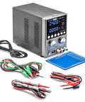 30V 5A Bench DC Power Supply Kit With USB Output, includes probes, leads, and a magnetic work mat, shown with accessories.