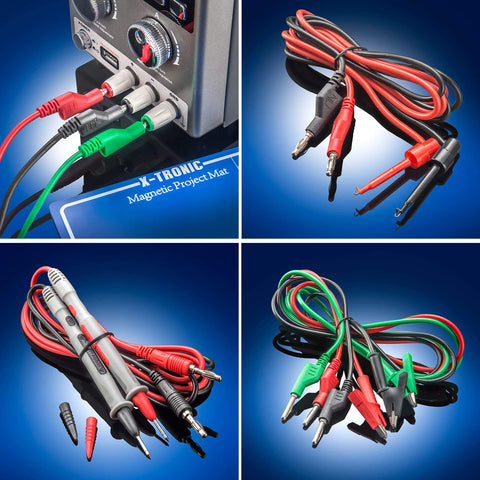 30V 5A Bench DC Power Supply Kit With USB Output showing probes, banana to hook and alligator leads, magnetic work mat