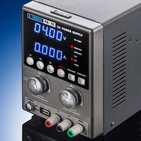 Front view of 30V 5A Bench DC Power Supply Kit With USB Output showing precise rotary encoder dial and digital display.