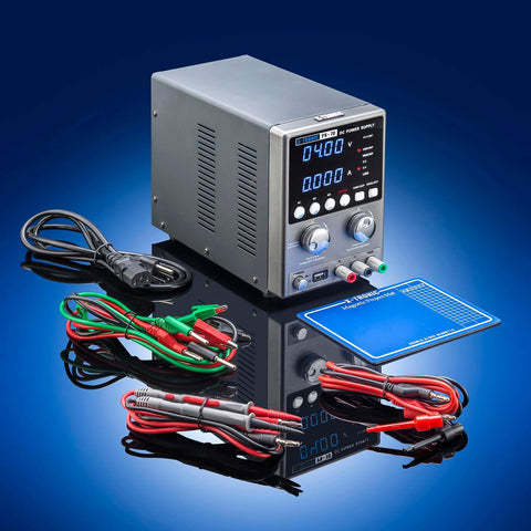 30V 5A Bench DC Power Supply Kit with USB Output, precision probes, banana leads, and magnetic work mat displayed on blue background.