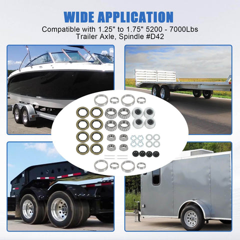 4 Sets Boat Trailer Axle Bearings Kit With 22333TB Grease Seals, 2.72 Inch Dust Caps, shown with various trailers and applications