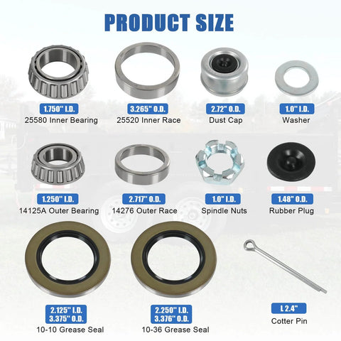 4 Sets Boat Trailer Axle Bearings Kit With 22333TB Grease Seals, 2.72 Inch Dust Caps, Spindle Nuts, Cotter Pins, and Washers