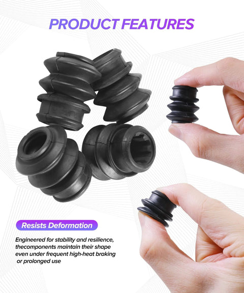 Black rubber bushings from 4 Piece Caliper Rebuild Kit With Brake Caliper Slide Pins And Dust Covers for automotive use.