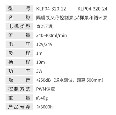 Specifications table for Micro Brushless DC Water Pump With Diaphragm Dosing System, 12V and 24V options, PWM control, 240-400ml/min flow.