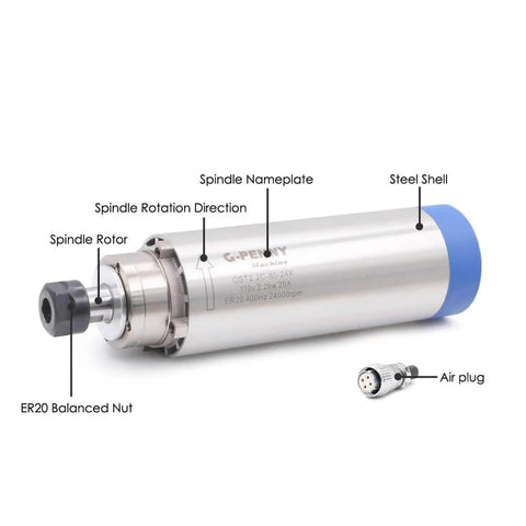 Beefy 2.2kW ER20 Air Cooled Spindle Motor for CNC Machines with visible steel shell, ER20 nut, and air plug, 220V inverter ready.