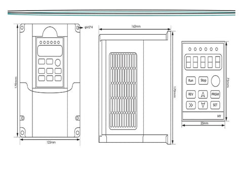 Technical drawing of 220V and 110V inverter VFD for Beefy Air Cooled ER11 Spindle Motor, 1.5 KW, 65mm diameter, CNC ready