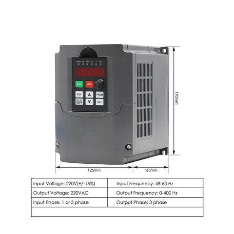 Beefy Air Cooled ER11 Spindle Motor inverter VFD for CNC machines, showing dimensions and front display, 220V AC, 1 or 3 phase compatible.