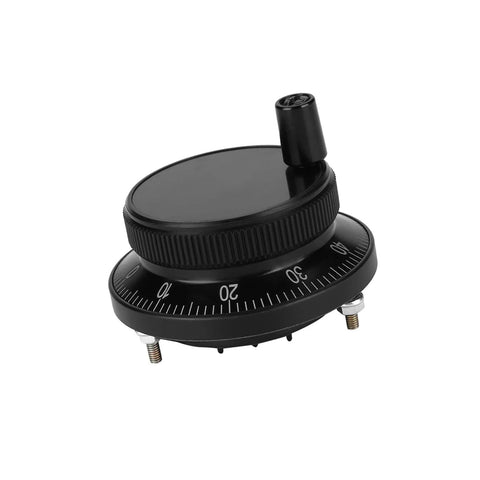 Close-up of 5V 60mm Rotary Encoder Handwheel for CNC Milling Machines Terminal Pulser Controller with black aviation aluminum body.
