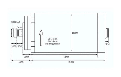 Technical diagram of 1.5kW ER11 Air Cooled Spindle With 4 Bearings 24000 RPM 65 By 204 mm Motor CNC High Speed Spindle For Wood Metal Plastic