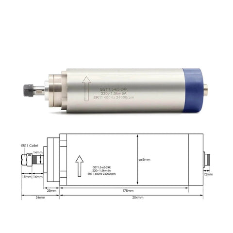 1.5kW ER11 Air Cooled Spindle With 4 Bearings 24000 RPM 65 By 204 mm Motor CNC High Speed Spindle image with diagram