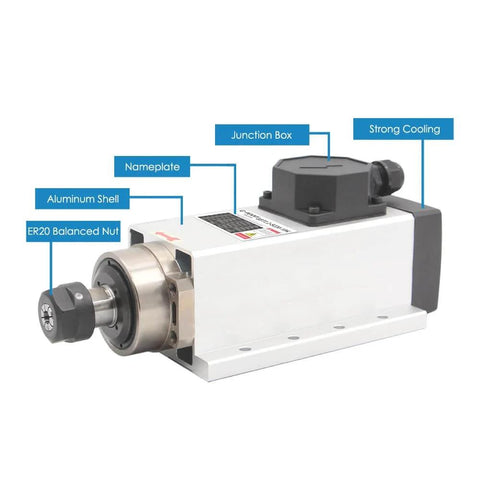 110V ER20 CNC Spindle Motor Beefy 2.2 kW Air Cooled 24,000 RPM Ceramic Ball Bearings Square Type Inverter Ready With U V W Wiring Grounding Required Ideal For Milling And Engraving, side view