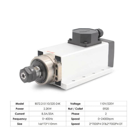 110V ER20 CNC Spindle Motor Beefy 2.2 kW Air Cooled 24,000 RPM ceramic ball bearings square type, inverter ready