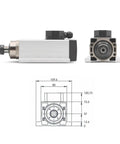 110V ER20 CNC Spindle Motor Beefy 2.2 kW Air Cooled 24,000 RPM Ceramic Ball Bearings shown in side and front views with diagram.