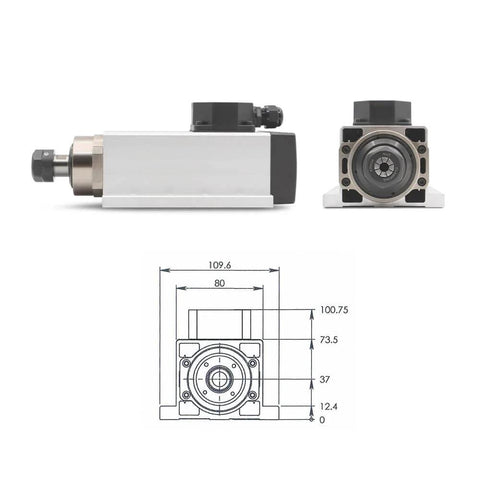 110V ER20 CNC Spindle Motor Beefy 2.2 kW Air Cooled 24,000 RPM Ceramic Ball Bearings shown in side and front views with diagram.