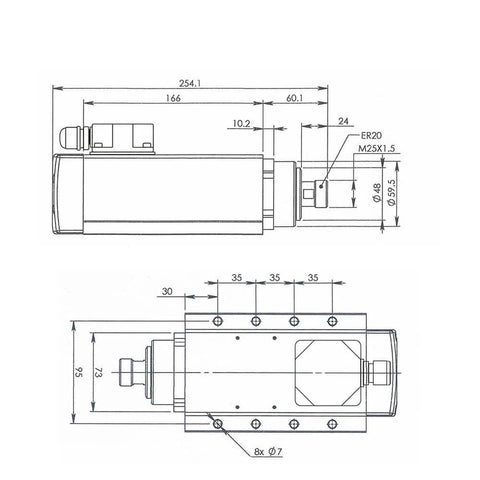 Technical drawing of 110V ER20 CNC Spindle Motor Beefy 2.2 kW Air Cooled 24,000 RPM Ceramic Ball Bearings Square Type
