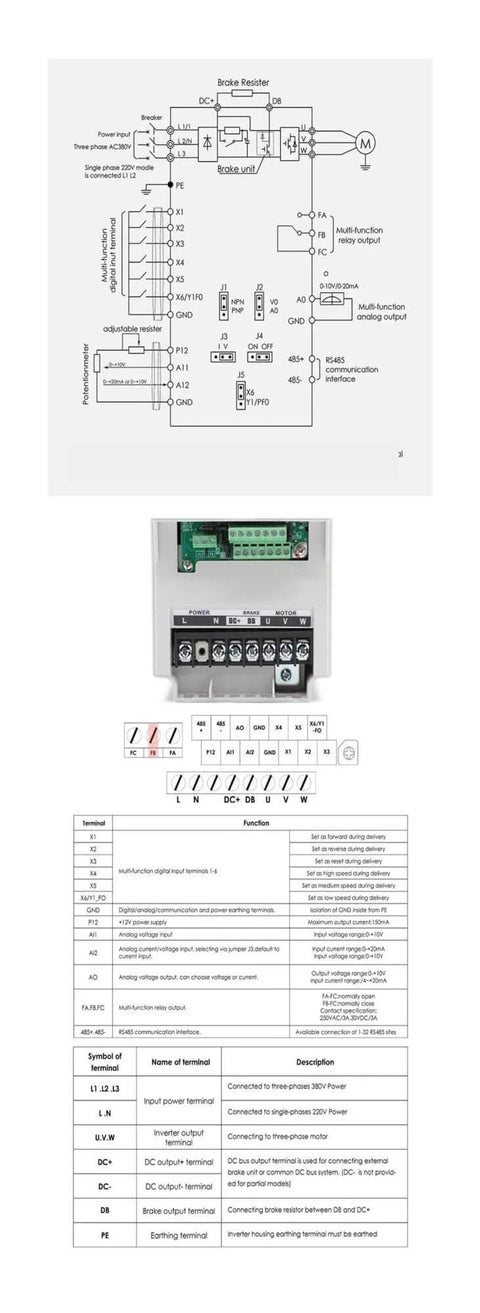Wiring diagram and components for 3.5kW ER25 Air Cooled CNC Spindle Motor 220V 380V with 4kW inverter setup details