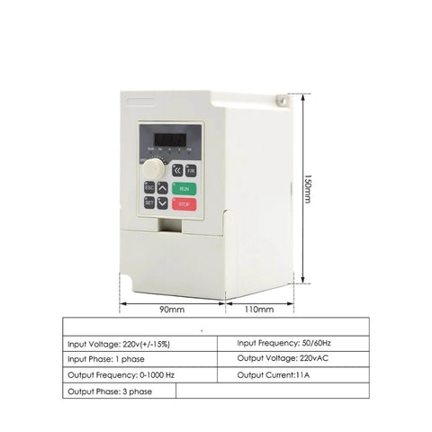 Beefy 2.2KW ER20 Air Cooled Spindle Motor With 2.2KW H100 Speed Controller for CNC Machines, showing measurements and input specifications.