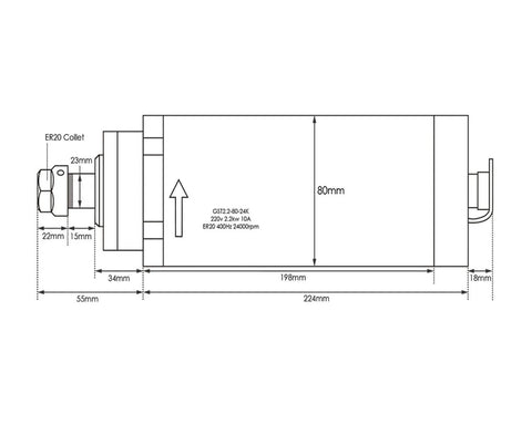 Technical diagram of Beefy 2.2KW ER20 Air Cooled Spindle Motor with 80mm bracket and dimensions for CNC machines