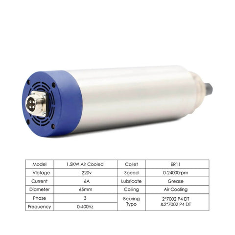 Air Cooled Spindle Motor 1.5KW ER11 With 1.5KW Inverter, cylindrical aluminum design, front connector view