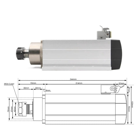 Side view of 3.5KW ER25 Air Cooled Spindle Motor With Ceramic Bearings Square Type Flange Optional for CNC Router