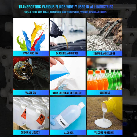 Chart showing various fluids like paint, gasoline, sewage, and chemicals suitable for Pneumatic Double Diaphragm Pump With One And One Half Inch Inlet And Outlet DN40 Polypropylene Body 35 GPM Flow Up To 120 PSI The Workhorse For Chemical Transfer Of Bleaching Oil And Other Viscous Fluids