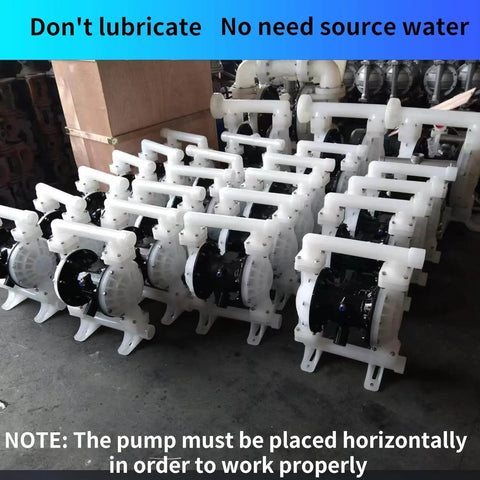 Multiple Pneumatic Double Diaphragm Pumps With One And One Half Inch Inlet And Outlet DN40 Polypropylene Body 35 GPM Flow Up To 120 PSI arranged on a floor