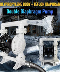 Pneumatic Double Diaphragm Pump With One And One Half Inch Inlet And Outlet DN40 Polypropylene Body 35 GPM Flow Up To 120 PSI