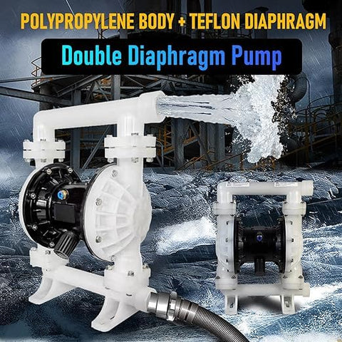Pneumatic Double Diaphragm Pump With One And One Half Inch Inlet And Outlet DN40 Polypropylene Body 35 GPM Flow Up To 120 PSI
