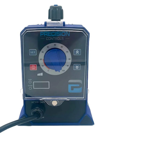 Front view of Precision Controls Diaphragm Metering Pump for Chlorine and Chemical Water Treatment 63.36 GPD at 75 PSI 115 Volt