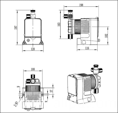 Technical diagram of Diaphragm Metering Chlorine Water Pump For Chemical Dosing, 31.6 GPD At 150 PSI, PF30-P2-000, side and front views.