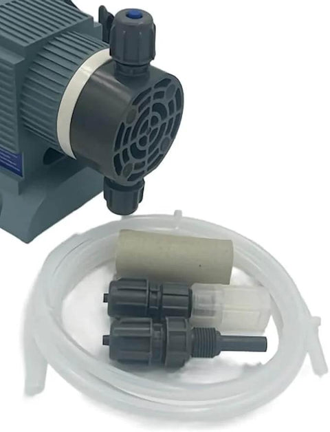 Front view of Diaphragm Metering Chlorine Water Pump For Chemical Dosing, 31.6 GPD At 150 PSI, PF30-P2-000 PF Series with accessories