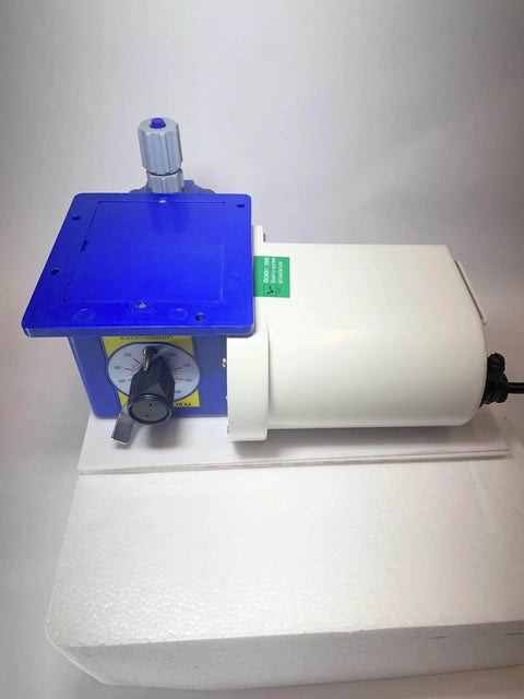 Chem Flow Diaphragm Metering Pump For Chemical Dosing, 7 GPD Max, 100 PSI, 115 Volt, 3/8 Inch Tubing Connections, top view