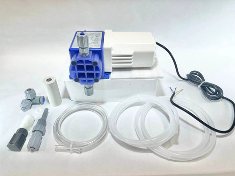 Chem Flow Diaphragm Metering Pump For Chemical Dosing, 7 GPD Max, 100 PSI, 115 Volt, 3/8 Inch Tubing Connections, pump and accessories.