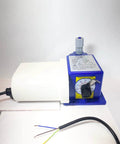 Front view of Chem Flow Diaphragm Metering Pump for chemical dosing, 7 GPD max, 100 PSI, 115 volt, 3/8 inch tubing connections