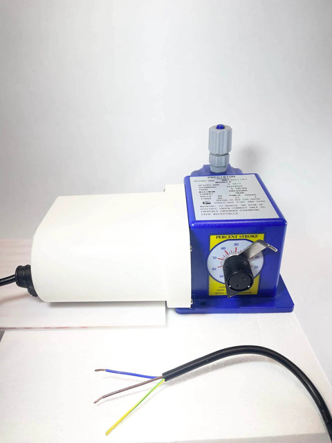 Front view of Chem Flow Diaphragm Metering Pump for chemical dosing, 7 GPD max, 100 PSI, 115 volt, 3/8 inch tubing connections