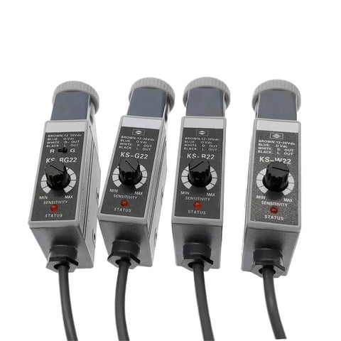 Four KS RG22, KS G22, KS R22, KS W22 color mark sensors with photoelectric switches for 10 to 30V DC systems