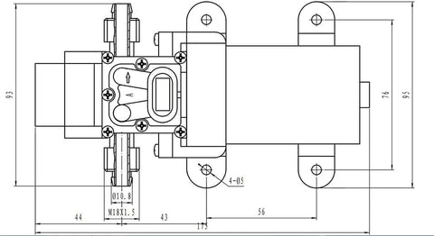 Technical diagram of DC 24V Fresh Water High Pressure Diaphragm Pump With Built In Pressure Switch, showing dimensions and details.