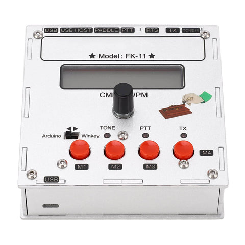 K3NG Keyer CW Morse Code Controller in aluminum alloy enclosure with LCD and red buttons, front view for ham radio enthusiasts