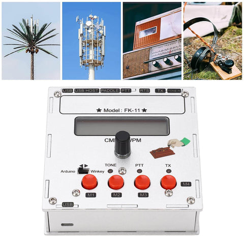 K3NG Keyer CW Morse Code Controller in aluminum alloy with LCD, USB, rotary encoder; open-source ham radio device.