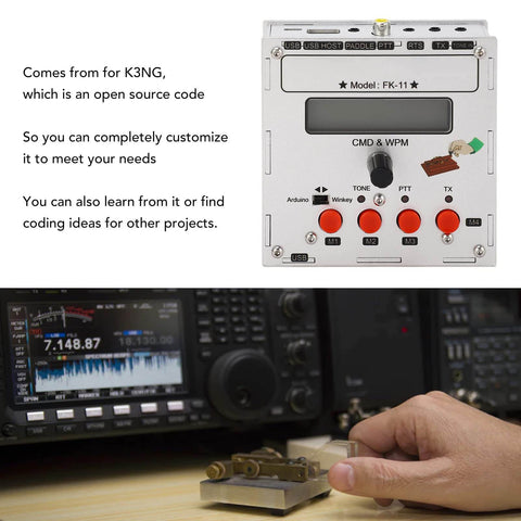 Front view of K3NG Keyer CW Morse Code Controller in aluminum alloy enclosure with USB keyboard, rotary encoder, LCD display for ham radio nerds.